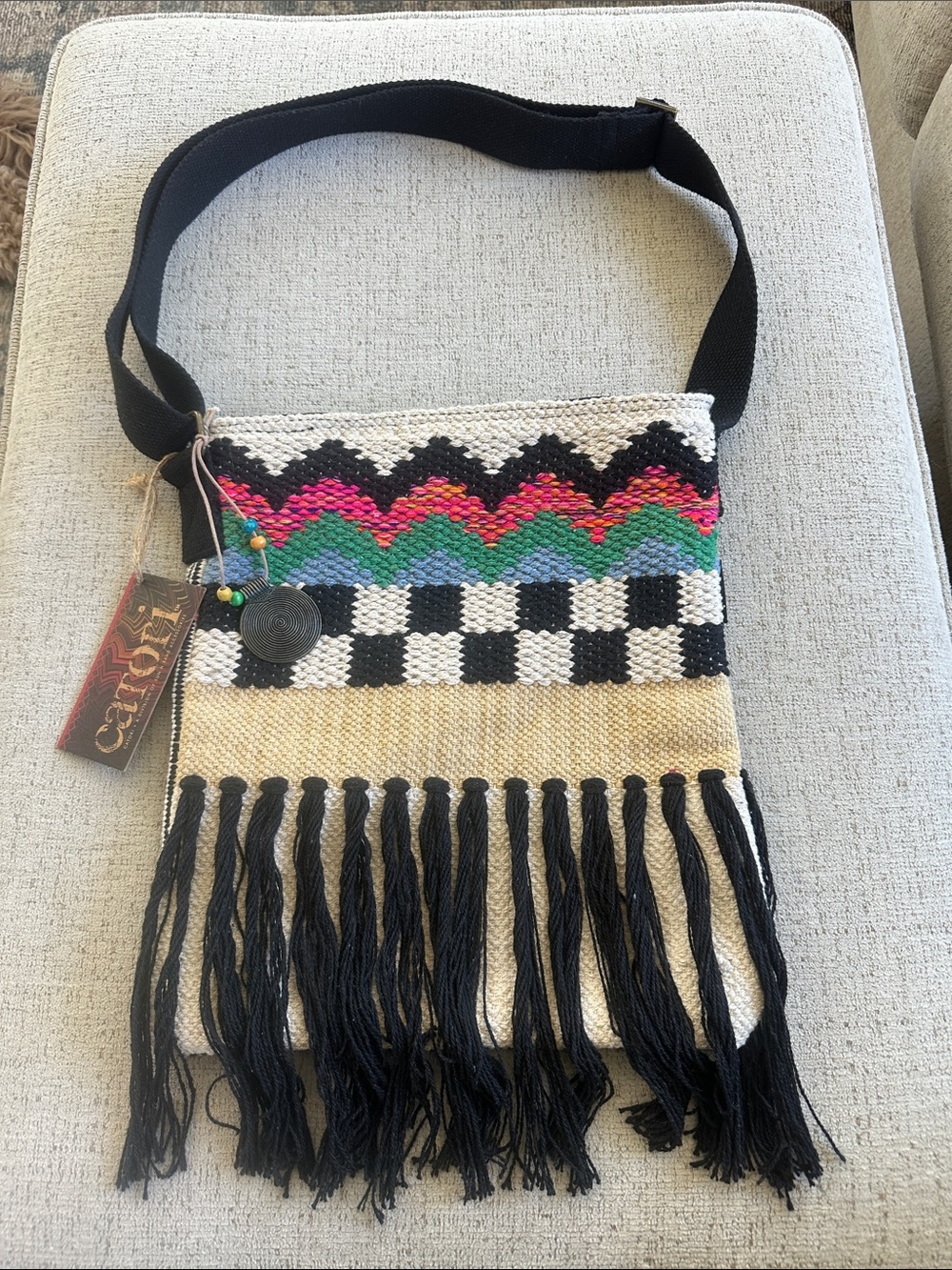 Catori Boho Woven Fringe Crossbody Bag with Black Strap - NWT Geometric